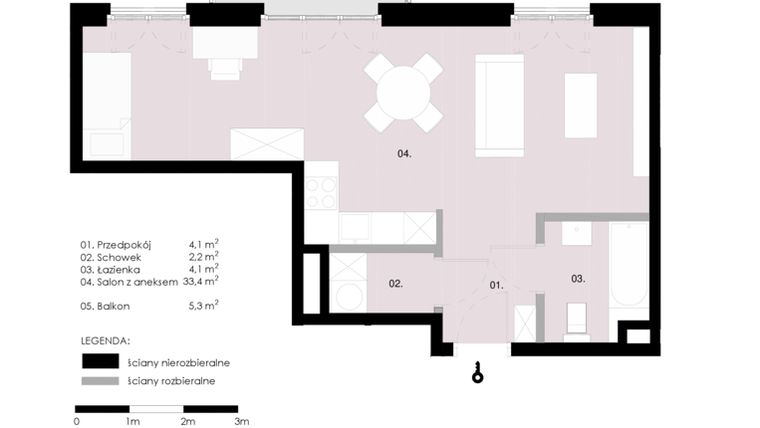 Rzut - Mieszkanie na sprzedaż 1 pokój o powierzchni 43,79 m² - numer M1.05 w Wola Vert