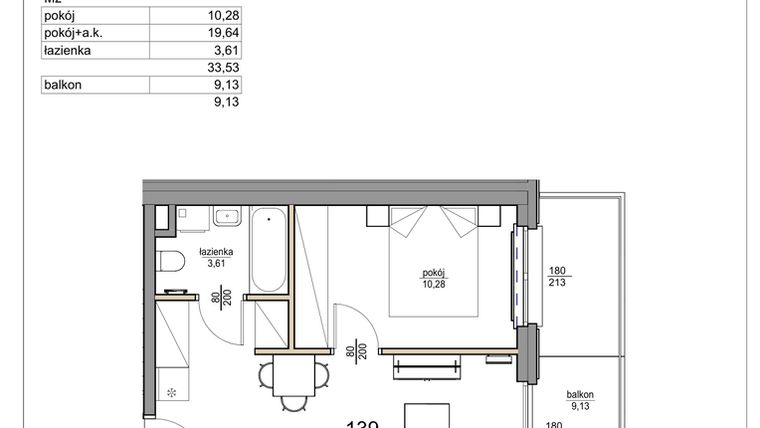 Rzut - Mieszkanie na sprzedaż 2 pokoje o powierzchni 33,53 m² - numer 139 w Rezydencja Liwska 3