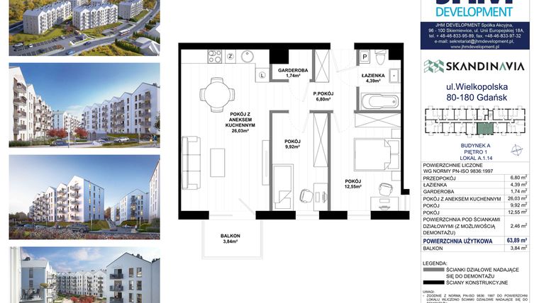Rzut - Mieszkanie na sprzedaż 3 pokoje o powierzchni 63,89 m² - numer A.1.14 w Skandinavia