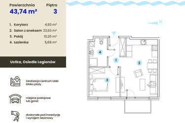 Rzut - Mieszkanie na sprzedaż 2 pokoje o powierzchni 43,74 m² - numer 3.5 w Ustka Flow