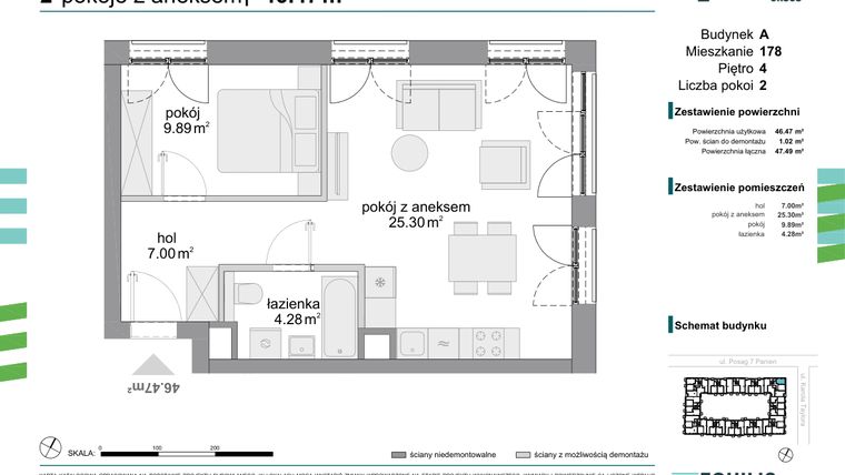 Rzut - Mieszkanie na sprzedaż 2 pokoje o powierzchni 46,47 m² - numer 178 w Osiedle Fokus Ursus