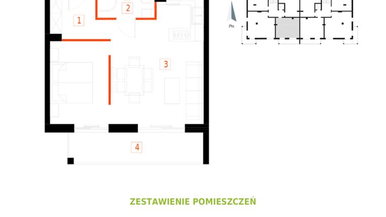 Rzut - Mieszkanie na sprzedaż 2 pokoje o powierzchni 42,84 m² - numer 2.2.14 w Osiedle Green Estate