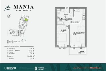 Rzut - Mieszkanie na sprzedaż 2 pokoje o powierzchni 38,99 m² - numer 47 w MANIA Apartamenty