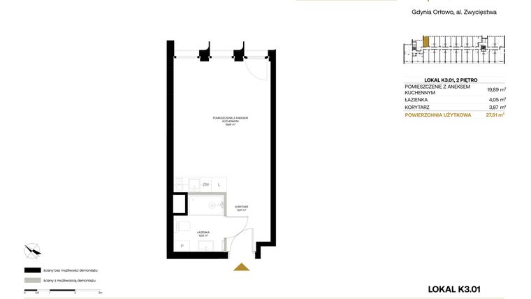 Rzut - Mieszkanie na sprzedaż 1 pokój o powierzchni 27,81 m² - numer K3.01 w Orłowo Square - Apartamenty inwestycyjne