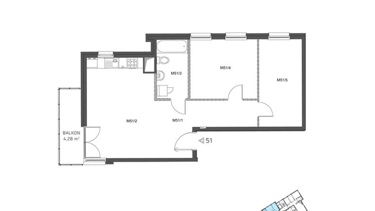 Rzut - Mieszkanie na sprzedaż 3 pokoje o powierzchni 62,86 m² - numer 51 w Wzgórze Krzemionki II
