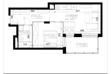Rzut - Mieszkanie na sprzedaż 2 pokoje o powierzchni 46,6 m² - numer 1.25 w Ogrody Wiślane etap VI