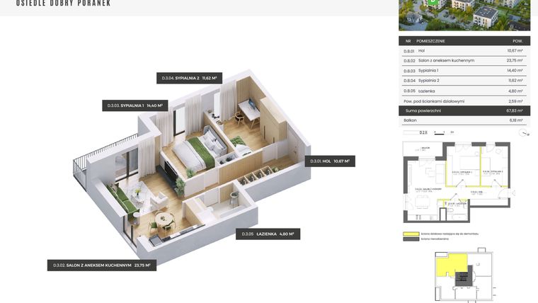 Rzut - Mieszkanie na sprzedaż 3 pokoje o powierzchni 67,83 m² - numer D.2.8 w Dobry Poranek