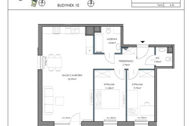 Rzut - Mieszkanie na sprzedaż 3 pokoje o powierzchni 68,31 m² - numer 1E.2B w Osiedle Horizon