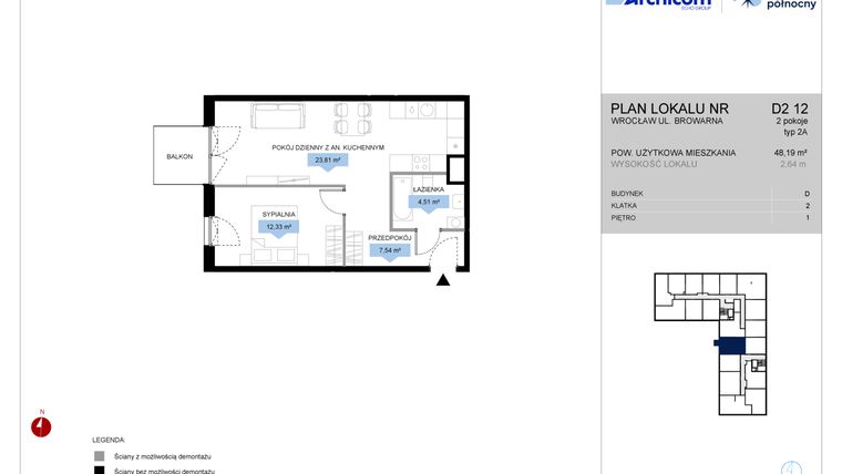 Rzut - Mieszkanie na sprzedaż 2 pokoje o powierzchni 48,19 m² - numer D2.12 w Bulwar Północny
