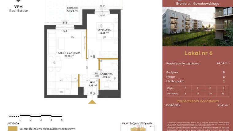 Rzut - Mieszkanie na sprzedaż 2 pokoje o powierzchni 44,34 m² - numer 6 w Stacja Błonie etap II