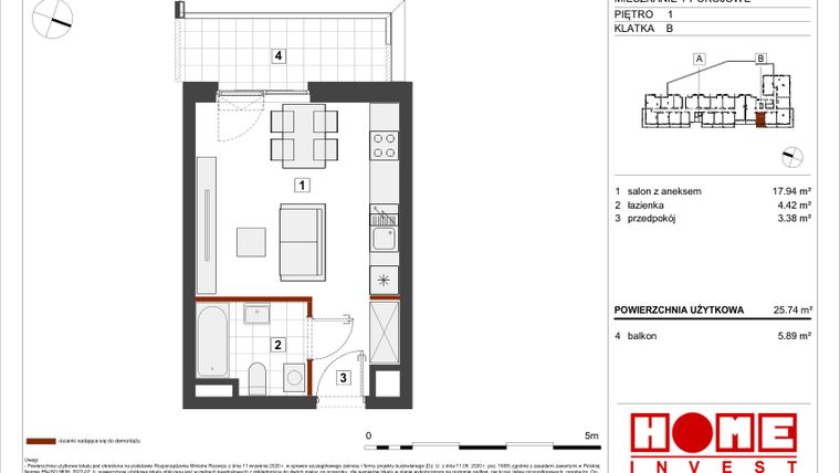 Rzut - Mieszkanie na sprzedaż 1 pokój o powierzchni 25,74 m² - numer A-B134 w Warszawski Świt etap VII