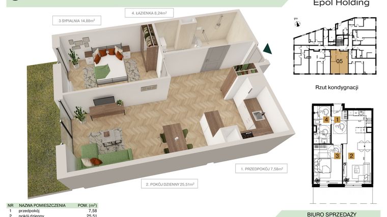 Rzut - Mieszkanie na sprzedaż 2 pokoje o powierzchni 56,21 m² - numer B1.M5 w Tutaj Bunscha