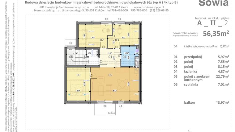 Rzut - Mieszkanie na sprzedaż 4 pokoje o powierzchni 56,35 m² - numer A2 w Sowia