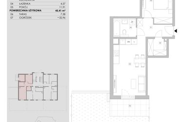 Rzut - Mieszkanie na sprzedaż 2 pokoje o powierzchni 45,41 m² - numer 96.0.03 w ATAL Bronowice