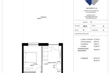 Rzut - Mieszkanie na sprzedaż 2 pokoje o powierzchni 36,56 m² - numer 10C/5 w Jasielska 8C etap II
