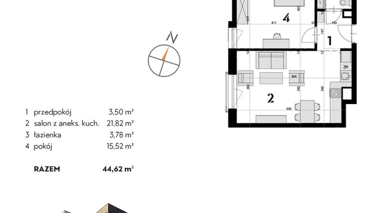 Rzut - Mieszkanie na sprzedaż 2 pokoje o powierzchni 44,62 m² - numer OK-07 w OKI DOKI