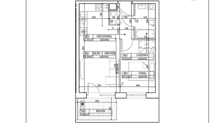 Rzut - Mieszkanie na sprzedaż 2 pokoje o powierzchni 37,89 m² - numer B1 w Symfonia - Chodkiewicza 9