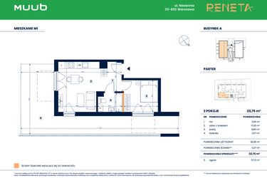 Rzut - Mieszkanie na sprzedaż 2 pokoje o powierzchni 33,75 m² - numer M01 w Reneta