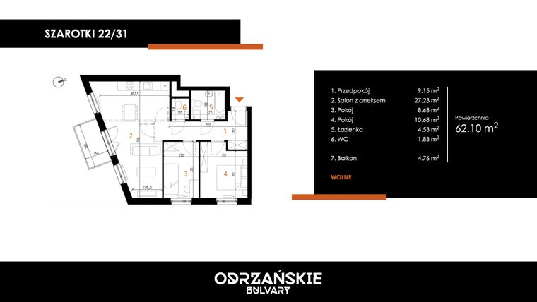 Rzut - Mieszkanie na sprzedaż 3 pokoje o powierzchni 62,1 m² - numer 22/31 w Odrzańskie Bulvary