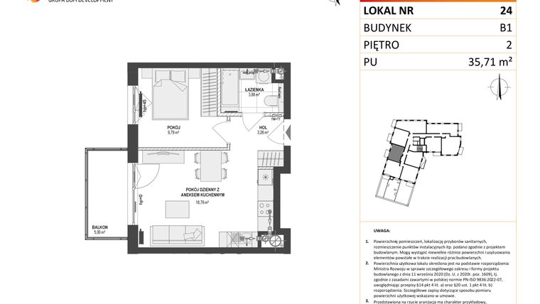 Rzut - Mieszkanie na sprzedaż 2 pokoje o powierzchni 35,71 m² - numer 24 w Leśna Góra