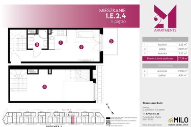 Rzut - Mieszkanie na sprzedaż 2 pokoje o powierzchni 47,29 m² - numer 1.E.2.4 w 2M Apartments etap IV