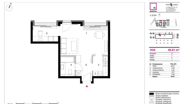 Rzut - Mieszkanie na sprzedaż 1 pokój o powierzchni 40,81 m² - numer H24 w 19. Dzielnica Etap V
