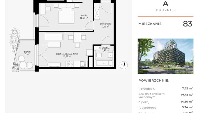 Rzut - Mieszkanie na sprzedaż 2 pokoje o powierzchni 48,54 m² - numer 83 w Semiramis