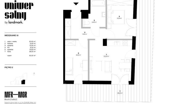 Rzut - Mieszkanie na sprzedaż 3 pokoje o powierzchni 62,22 m² - numer 10 w Dom Uniwersalny