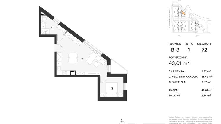 Rzut - Mieszkanie na sprzedaż 2 pokoje o powierzchni 43,01 m² - numer 72 w Koncertowa Dolina