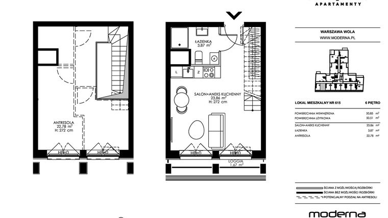 Rzut - Mieszkanie na sprzedaż 2 pokoje o powierzchni 50,51 m² - numer 615 w Chronos