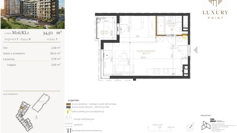 Rzut - Mieszkanie na sprzedaż 1 pokój o powierzchni 34,5 m² - numer M16/KL1 w LUXURY POINT