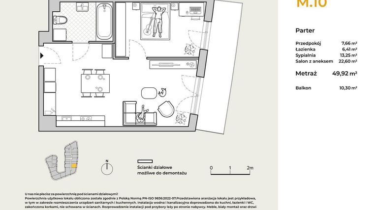 Rzut - Mieszkanie na sprzedaż 2 pokoje o powierzchni 49,92 m² - numer M10 w Baja Piaśniki