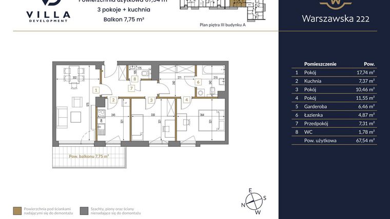 Rzut - Mieszkanie na sprzedaż 3 pokoje o powierzchni 67,54 m² - numer 22A w Warszawska 222