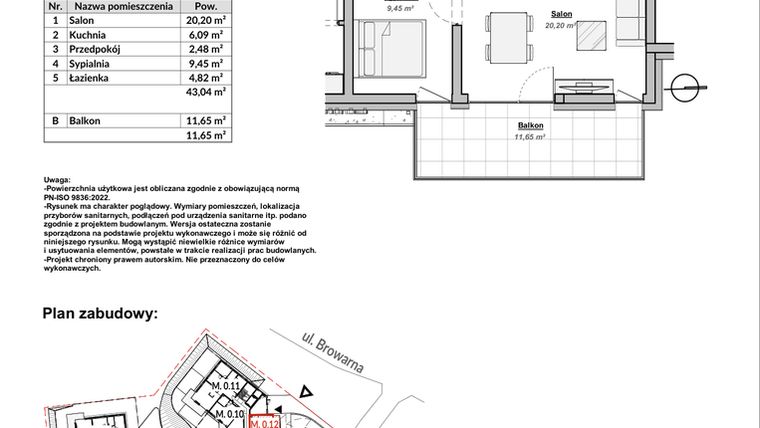 Rzut - Mieszkanie na sprzedaż 1 pokój o powierzchni 43,04 m² - numer M0.12 w Bulwary Apartamenty