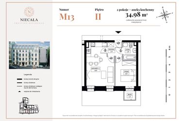 Rzut - Mieszkanie na sprzedaż 2 pokoje o powierzchni 34,98 m² - numer 13 w Niecała Prestige Residence