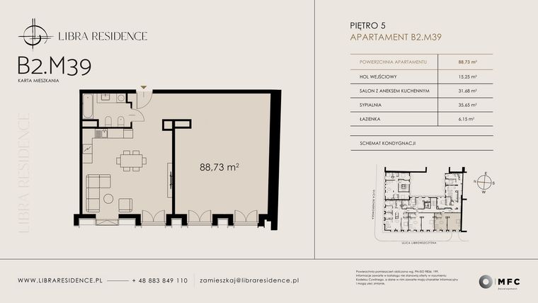 Rzut - Mieszkanie na sprzedaż 3 pokoje o powierzchni 88,73 m² - numer B2.M39 w Libra Residence