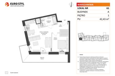 Rzut - Mieszkanie na sprzedaż 2 pokoje o powierzchni 42,43 m² - numer A61 w Osiedle Warszawska etap IV