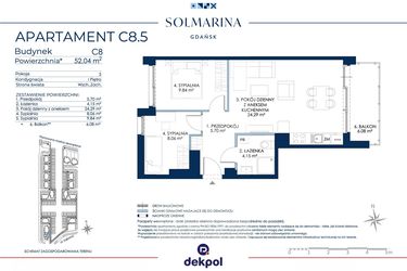 Rzut - Mieszkanie na sprzedaż 3 pokoje o powierzchni 52,04 m² - numer C8.5 w Sol Marina etap III