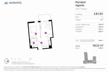 Rzut - Mieszkanie na sprzedaż 1 pokój o powierzchni 38,52 m² - numer 3.B.1.02 w Murapol Agosto