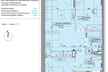 Rzut - Mieszkanie na sprzedaż 3 pokoje o powierzchni 54,95 m² - numer 82B w Osiedle Młodych etap VII