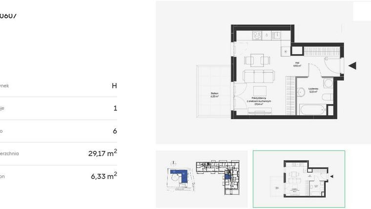 Rzut - Mieszkanie na sprzedaż 1 pokój o powierzchni 29,17 m² - numer HB0607 w Holm House 5