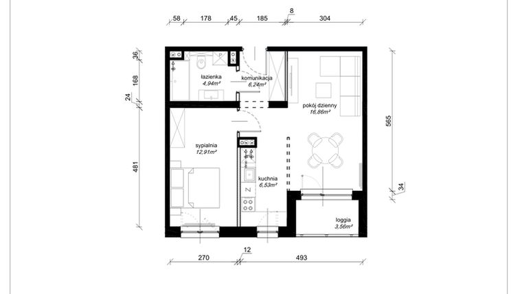 Rzut - Mieszkanie na sprzedaż 2 pokoje o powierzchni 47,48 m² - numer E.1.09.2k w Art.Teo etap 3