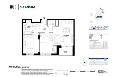 Rzut - Mieszkanie na sprzedaż 3 pokoje o powierzchni 57,69 m² - numer AA0108 w NU2 Warszawa Wola - apartamenty wykończone pod klucz