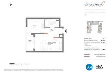 Rzut - Mieszkanie na sprzedaż 2 pokoje o powierzchni 38,43 m² - numer H.1.7 w Łopuszańska 47 - etap 3