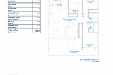 Rzut - Mieszkanie na sprzedaż 3 pokoje o powierzchni 103,37 m² - numer 1-2.8 w Mieszkania w Pilar de la Horadada - 73811377