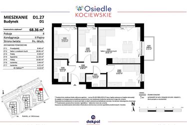 Rzut - Mieszkanie na sprzedaż 4 pokoje o powierzchni 68,36 m² - numer D1.27 w Osiedle Kociewskie etap IV