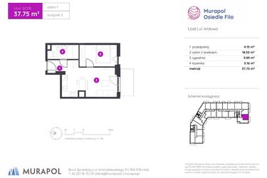 Rzut - Mieszkanie na sprzedaż 2 pokoje o powierzchni 37,75 m² - numer 2.C.1.10 w Murapol Osiedle Filo etap II