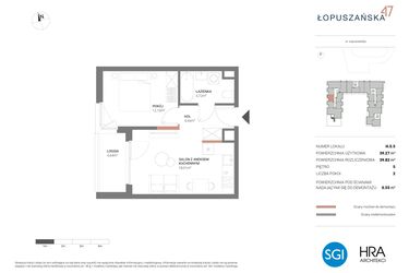 Rzut - Mieszkanie na sprzedaż 2 pokoje o powierzchni 39,82 m² - numer H.5.5 w Łopuszańska 47 - etap 3