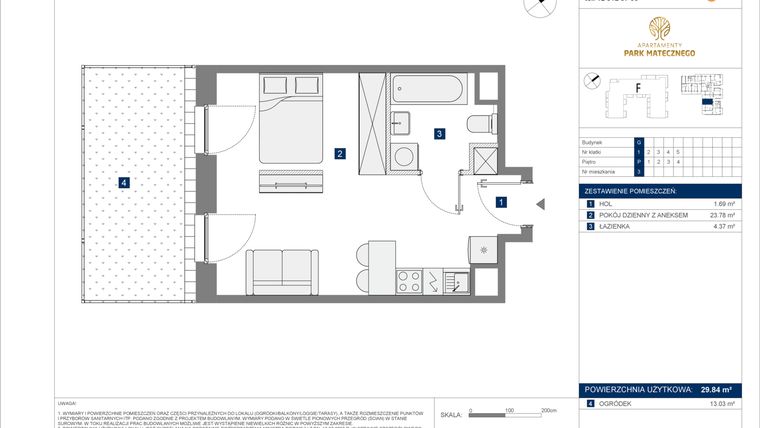 Rzut - Mieszkanie na sprzedaż 1 pokój o powierzchni 29,84 m² - numer G-3 w Apartamenty Park Matecznego Etap 2