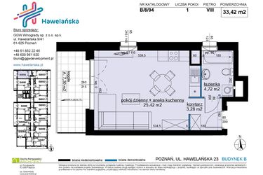 Rzut - Mieszkanie na sprzedaż 1 pokój o powierzchni 33,42 m² - numer B/8/94 w Osiedle Hawelańska etap III - bud. B